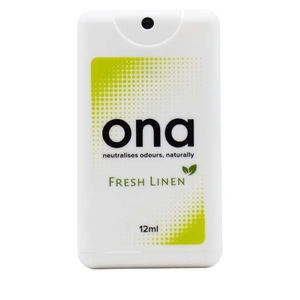 Spray neutralizator miros urat pentru canalizare, bucatarie, canabis, tutun, plante, Ona Fresh Linen 12ml, tip card, elimina mirosurile, nu acopera