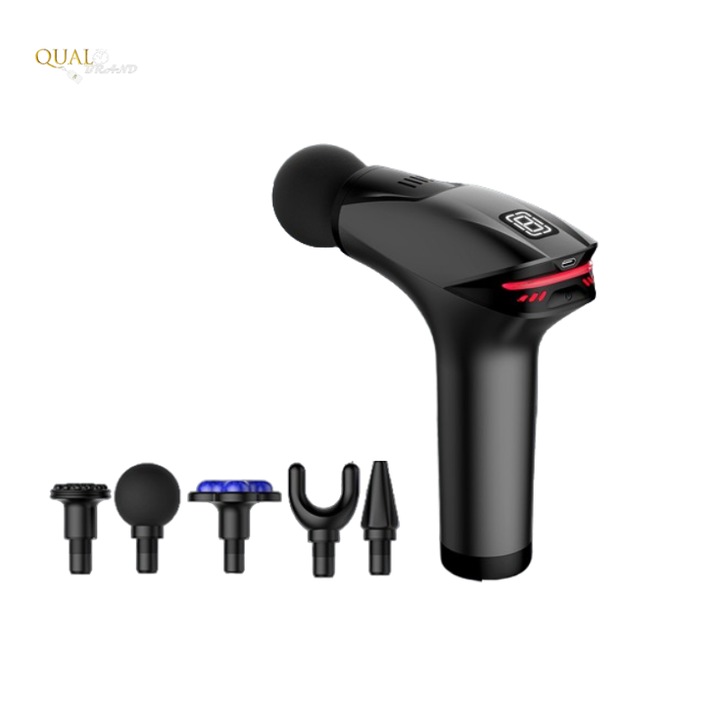 Pistol de Masaj Profesional QUAL BRAND®, 5 Capete Interschimbabile, 8 Viteze, Design Ergonomic, Ideal pentru Masaj de Recuperare si Relaxare, Set Complet, Negru
