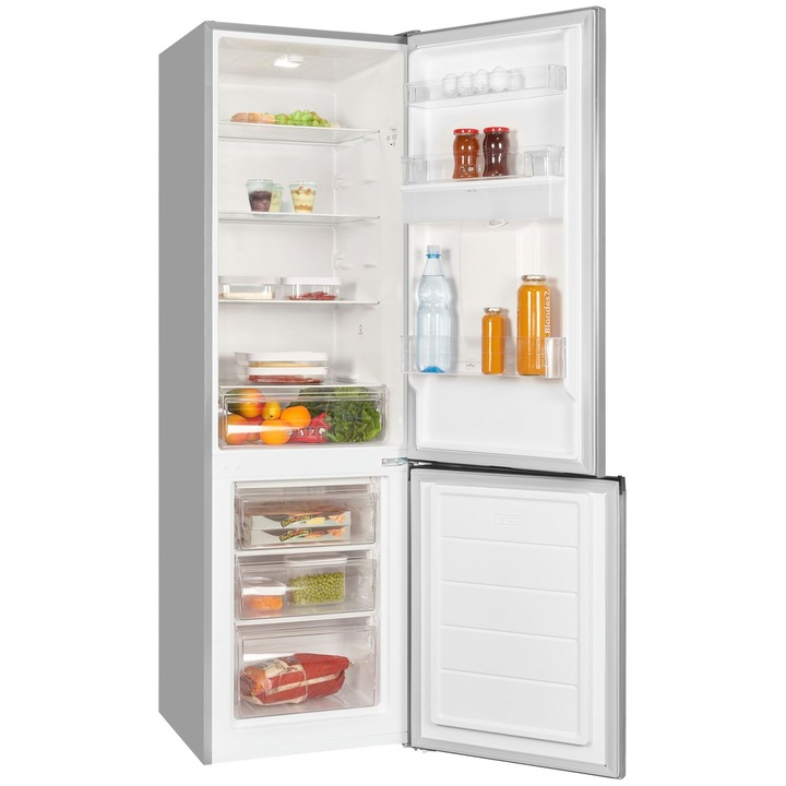 Combina frigorifica Exquisit, cu dispenser de apa, capacitate totala 260 litri, H 179.5 cm, congelator 4 stele, compartiment pentru fructe si legume, 4 rafturi din sticla securizata, control mecanic de temperatura, iluminat interior LED, inox