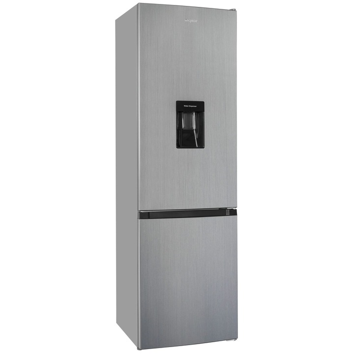 Хладилник с фризер, с диспенсер за вода, общ капацитет 260 литра, H 179,5 см, фризер с 4 звезди, отделение за плодове и зеленчуци, 4 рафта от безопасно стъкло, механичен контрол на температурата, LED вътрешно осветление, неръждаема стомана