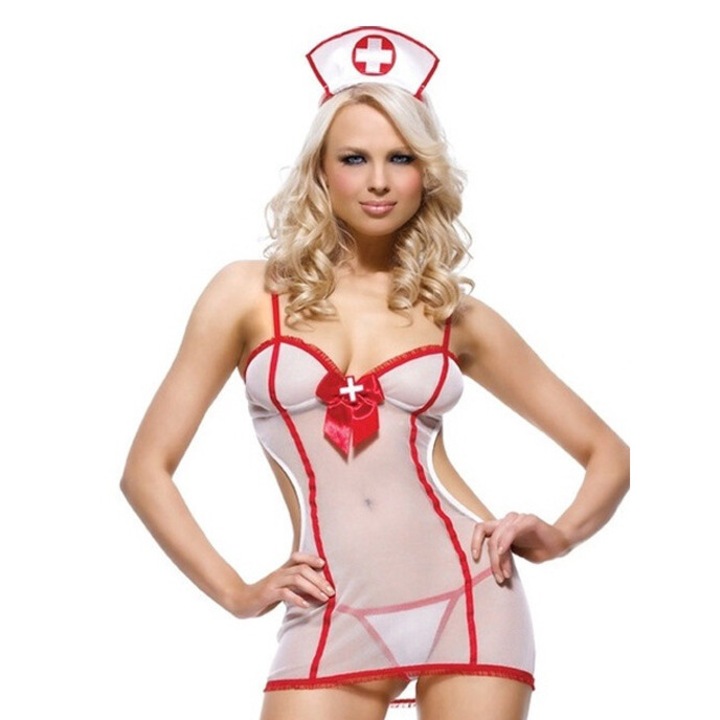 Costum sexy asistenta medicala, Spandex/Lycra, Alb/Rosu, Marime unica