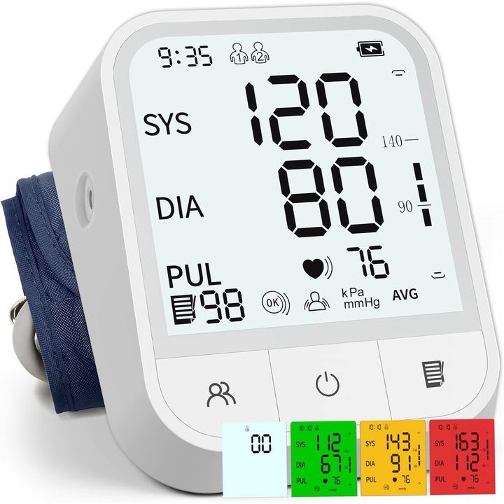 Тонометър за ръка QUTEK™, 4 цвята, LCD дисплей с големи символи, автоизмерване, откриване на нередовен пулс, клинично валидиран, маншет 22-45 см, осцилометричен, 2 потребители, 99 записа, бял