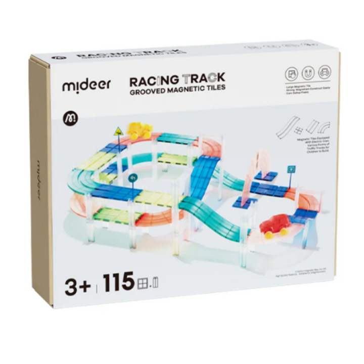 Set de constructie Mideer, 115 piese, circuit de curse, recomandat pentru copii peste 3 ani