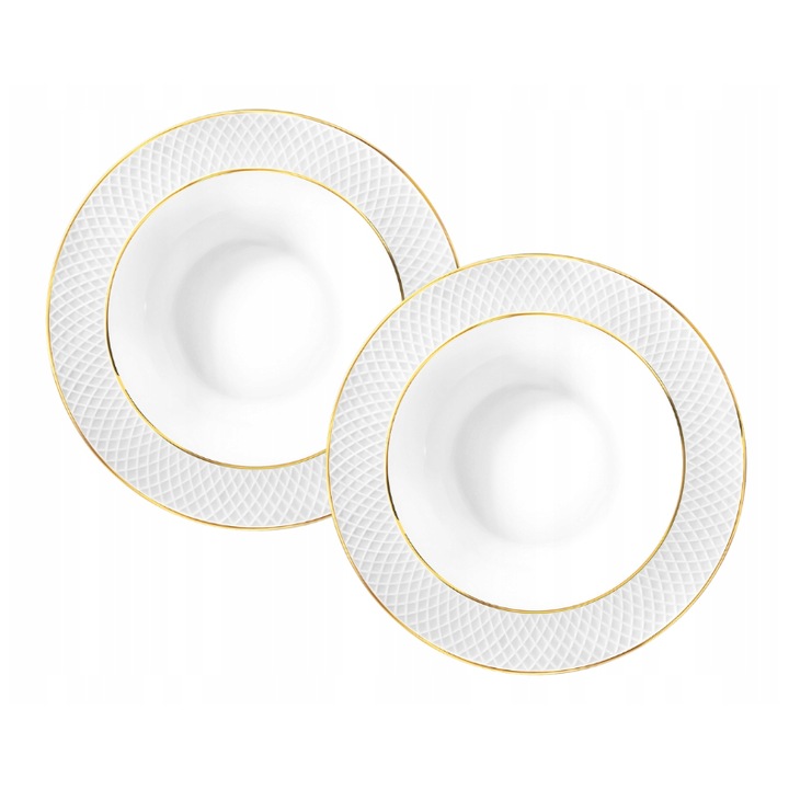 Set 2x Farfurie adanca, Portelan, Alb cu margine auriu, 22,5 cm, rotunda, pentru supa, pasta, WILMAX DIAMOND