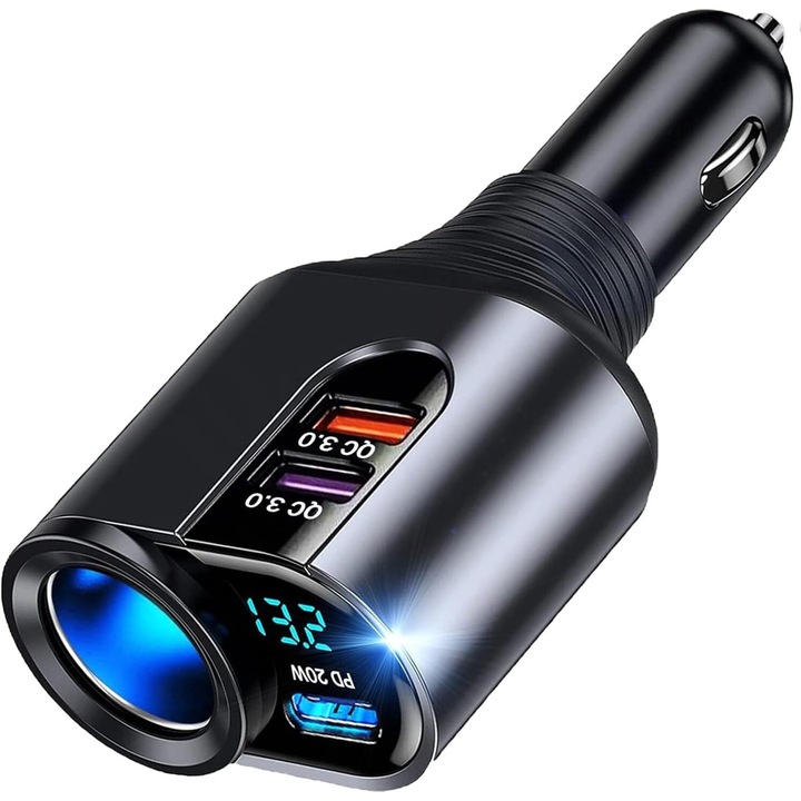 Incarcator auto 166W USB C, adaptor bricheta, 2x USB, 1x USB-C, gri, compatibil universal