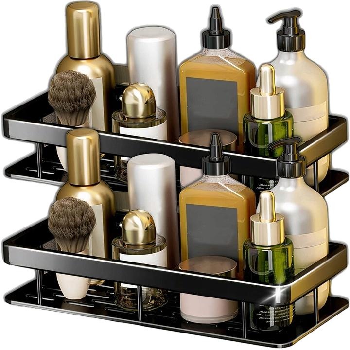 Set 2 etajere baie, Aluminiu, Montare adeziva, 30 x 13 x 5 cm, Negru