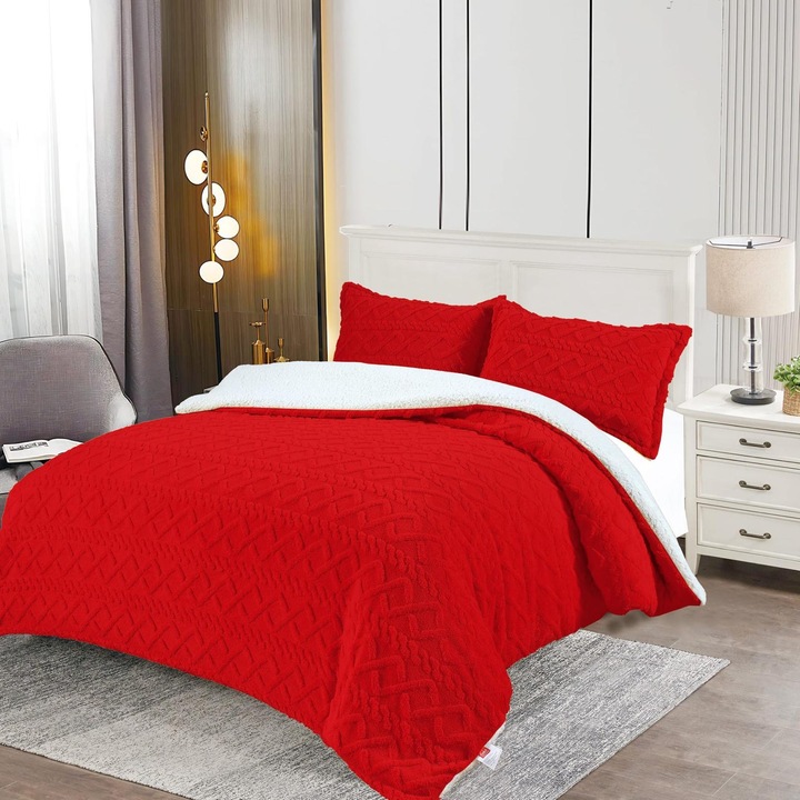 Set Pilota Cocolino Tricotata cu Blanita, Matlasata, tip Sherpa si 2 Fete de Perna, Moale, Pufoasa, Calduroasa, Ideala pentru anotimpul rece, Rosu, 200x230cm