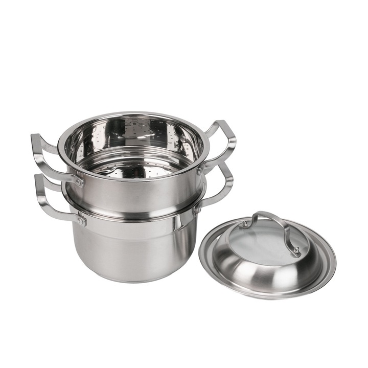 Set de gatit sub aburi, Inox, Naimeed D6719, 3 piese, oala 24x22 cm, strecuratoare, capac