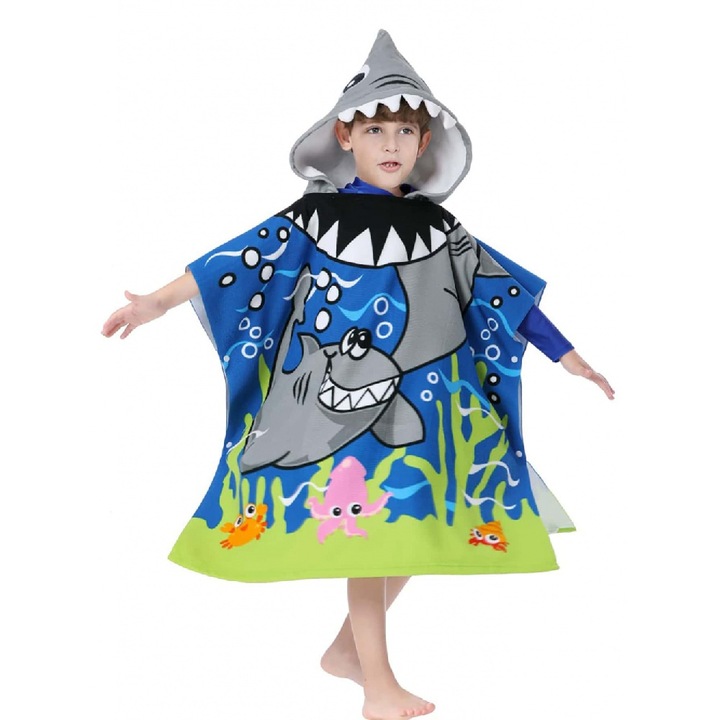 Prosop cu gluga pentru copii RUIOMII®, bumbac, absorbant, 75x150cm, Albastru