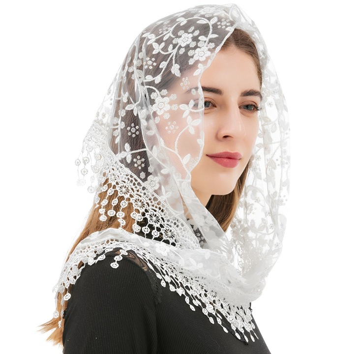 Esarfa triunghiulara, Floral, Textil, Alb, One Size