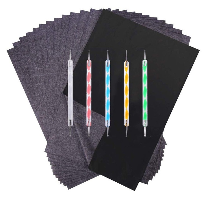 Set 100 foi hartie carbon neagra A4, 5 stilouri de embosare pentru lucrari manuale
