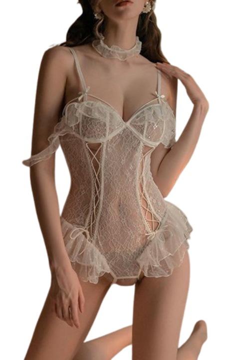 Lenjerie sexy dama, Dantela/Nylon, Alb, Marime unica