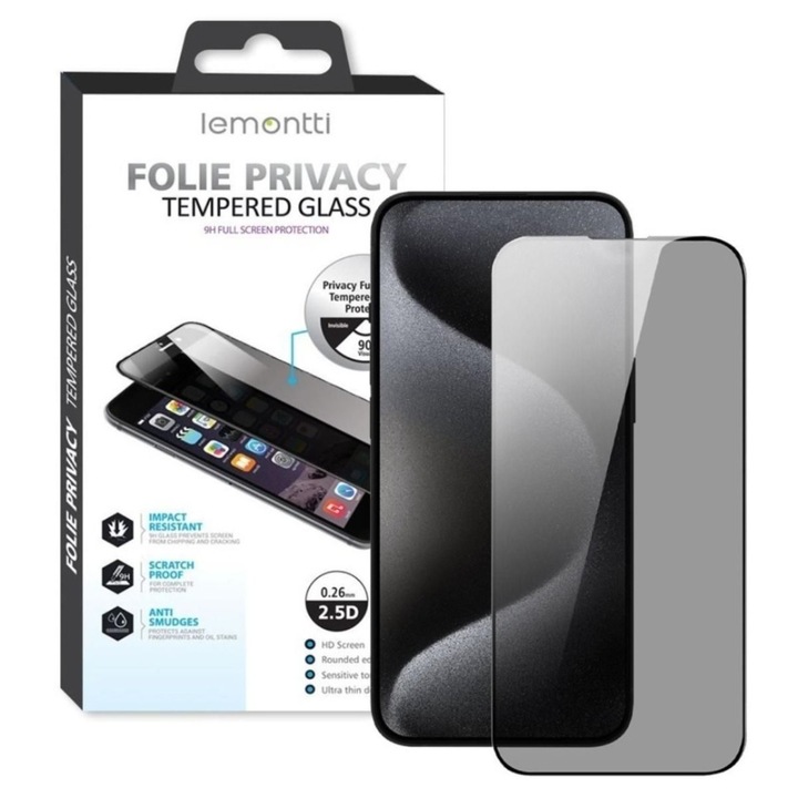 Folie de protectie Lemontti Sticla Privacy Full Fit pentru iPhone 16 Pro, Negru
