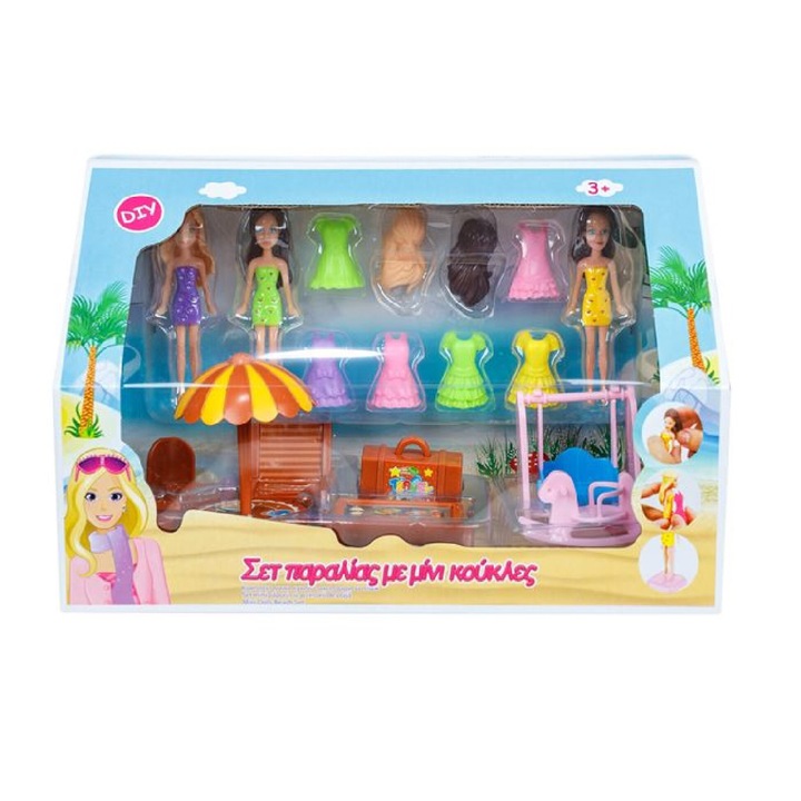 Плажен комплект с кукли и аксесоари, 28х14х18см