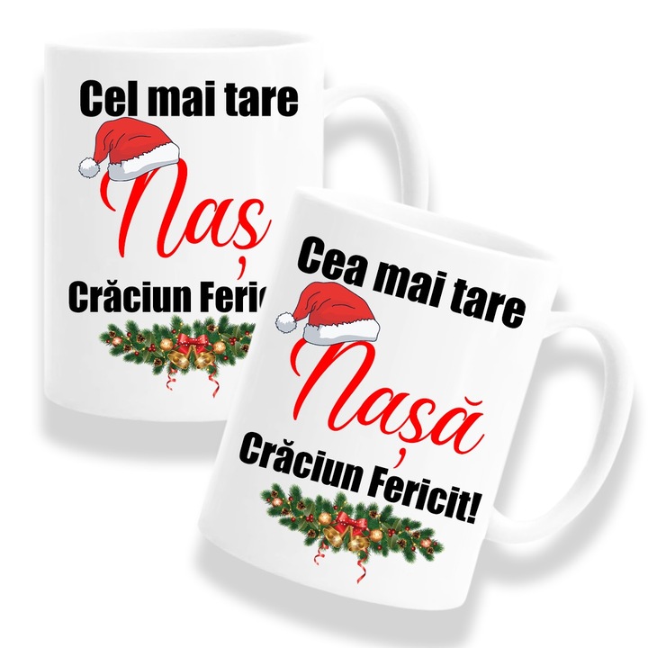 Set 2 cani personalizate cu mesaj "Cea mai tare nasa, Cel mai tare nas", model de Craciun, Betaprint, ceramica, 330ml