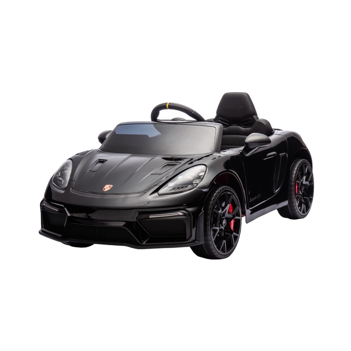 Masinuta electrica Premier Porsche Spyder 718 RS, 12V, roti cauciuc EVA, scaun piele ecologica, negru