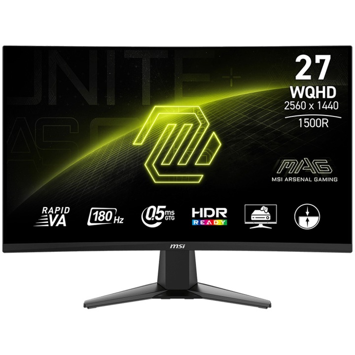 MSI MAG 27CQ6F Gaming monitor, VA, 27", WQHD, Displayport, HDMI, ívelt, 180 Hz, 0,5 ms, fekete