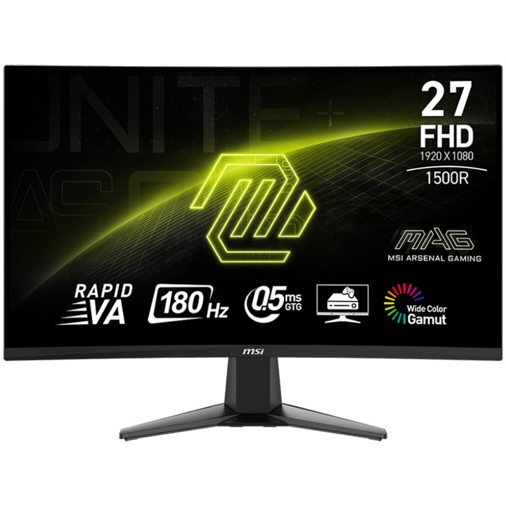 MSI MAG 27C6F Gaming monitor, VA, 27", Full HD, Displayport, HDMI, ívelt, 180 Hz, 0,5 ms, fekete