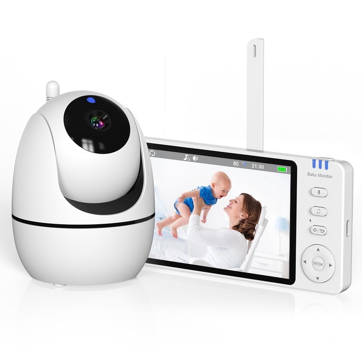 Baba videómonitor, 5” AI NightVision HD, 2.4G vezeték nélküli átvitel, 360°-os Monitorozás, Hőmérséklet szenzor, ECO és VOX Mód, 8 Dal, Fehér