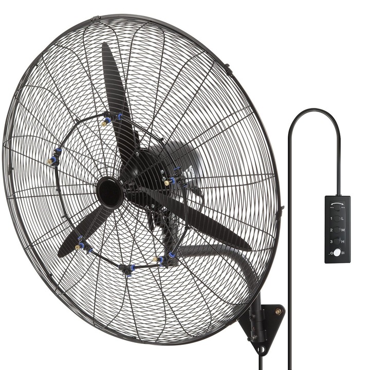 Ventilator cu pulverizare apa, oscilant de perete, Industrial, diametru 762 mm, Metal, IP44, 150 W, Temporizator