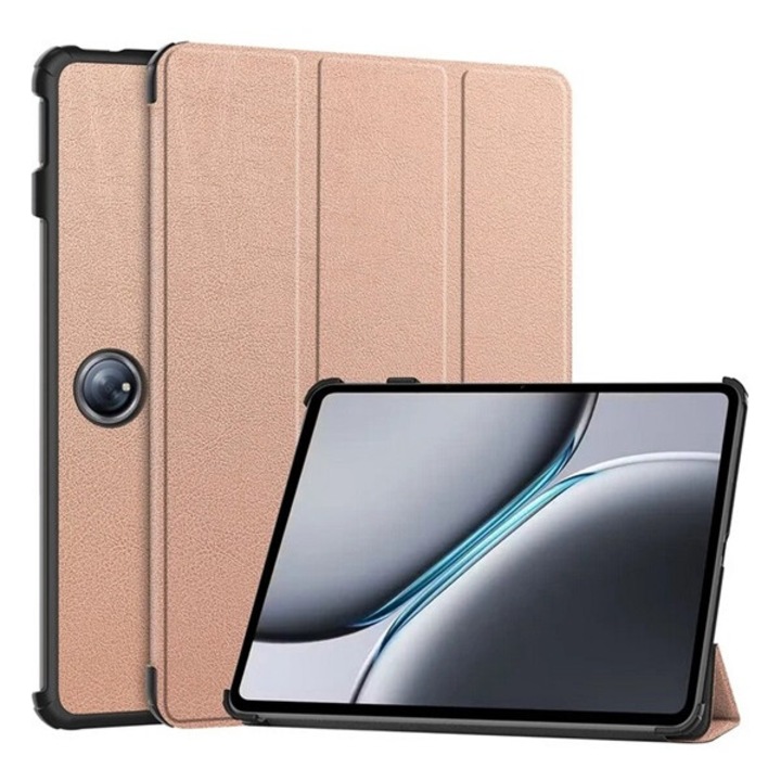 Gigapack tabletvédő álló, bőr hatású, aktív flip, oldalra nyíló, trifold, asztali tartó, rozéarany, kompatibilis: OnePlus Pad 2