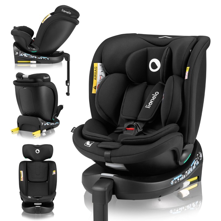 Столче за кола Lionelo Navy i-Size 360° EasyTurn, Въртящо се, ISOFIX монтаж и стабилизиращ крак, използване на облегалката до 105 см, 4 легнали позиции, вентилирана седалка, вложки Dri-Seat, Черно