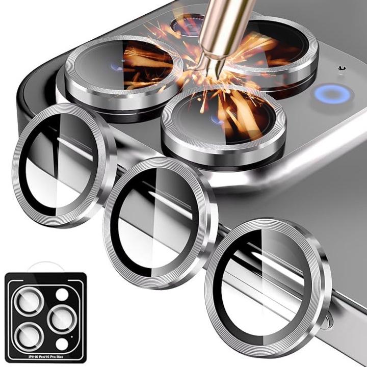 Folie protectie lentila camera MDUG, compatibil iPhone 16 Pro/16 Pro Max, sticla temperata 9H, transparent cu contur argintiu