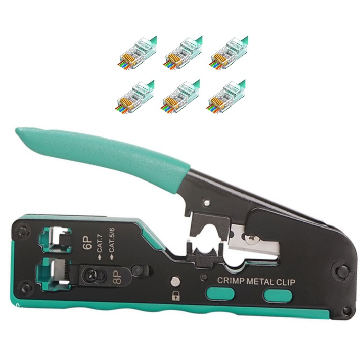 Set cleste de sertizare multifunctional Nuvoro, cablu retea UTP, FTP, conectori RJ45, RJ11, RJ12, pass through, taiere si dezizolare cablu si 6 mufe pass-through, Verde