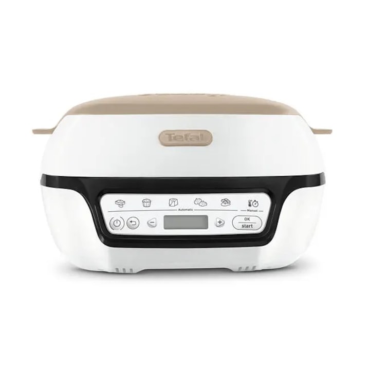 Aparat pentru deserturi si produse de patisserie TEFAL Cake Factory KD804910, 5 programe automate + mod manual, ajustarea temperaturii, tava antiaderenta, 6 forme briose Creabake, carte de retete, Alb/Auriu