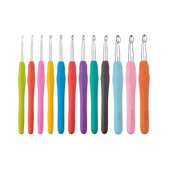 Set 12 crosete, metal/plastic, multicolor, 2mm-9mm