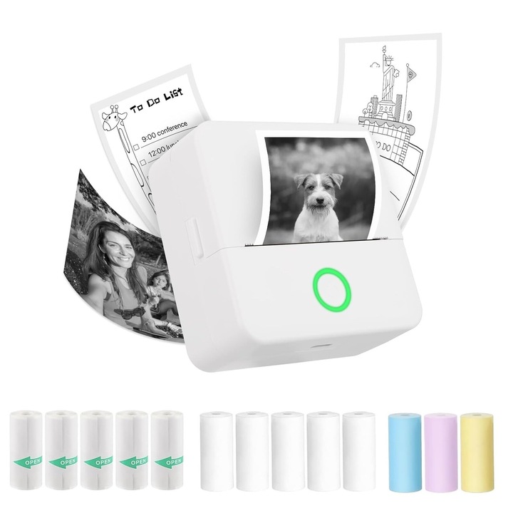 Термопринтер Tioialz, комплект от 5 терморолки и стикери, 3 цветни листа, 6 акварелни молива, бял