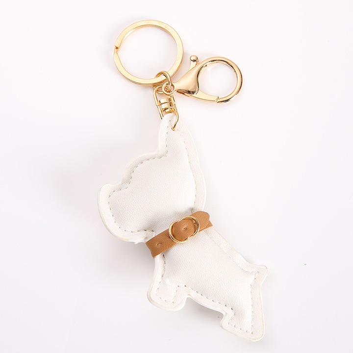 Breloc forma Bulldog Francez, Piele ecologica, Alb, 10x7cm