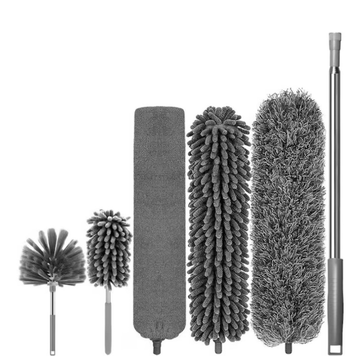 Set pamatuf pentru praf 6 in 1, 5 Capete Interschimbabile, Maner Extensibil pana la 280 cm pentru zone greu accesibile, Capat flexibil pentru curatare casei, tavan, fereastre, mobilier, Usor de Folosit/Curatat, Gri