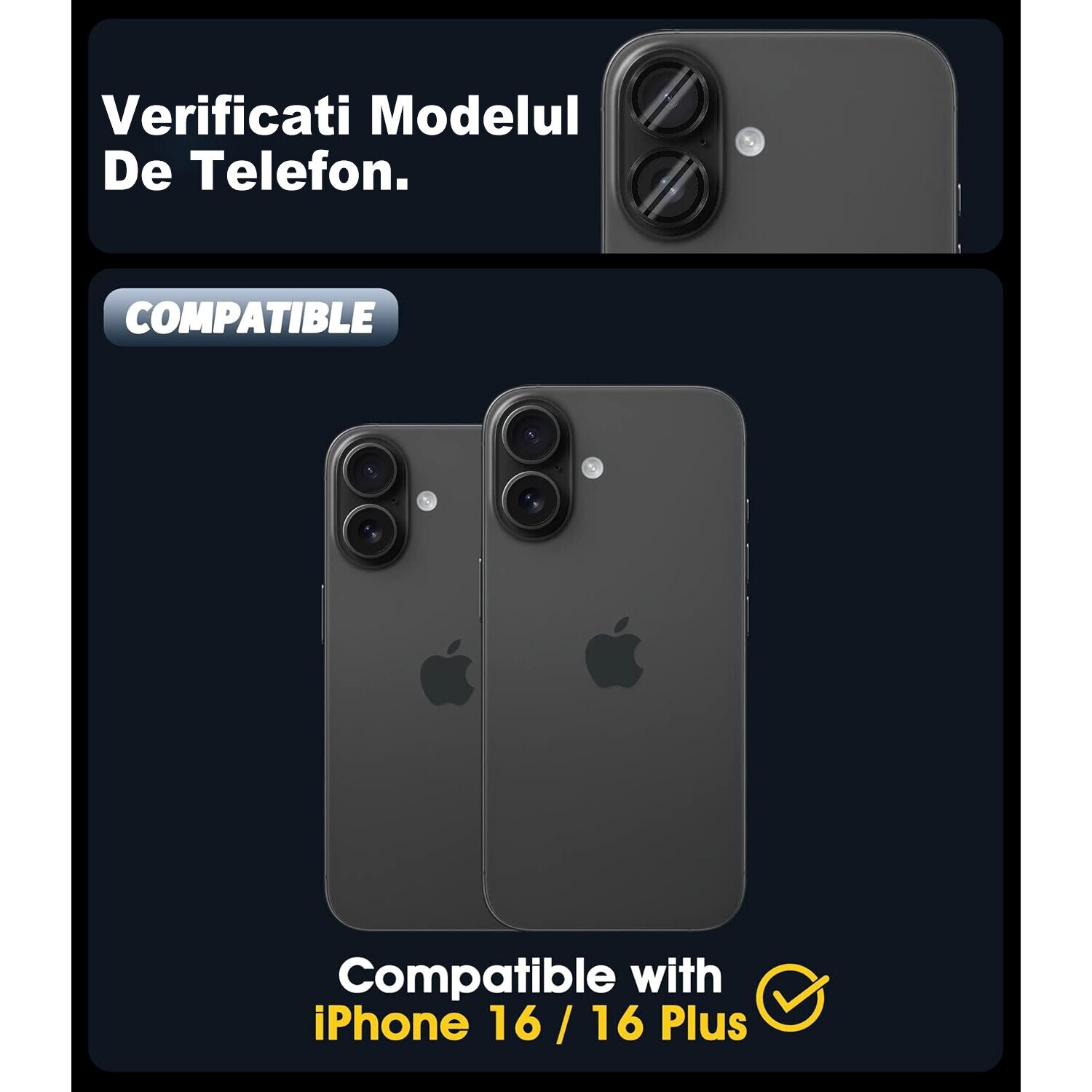 Folie protectie lentila camera MDUG®, iPhone 16/16 Plus, sticla temperata 9H, transparenta, tratament oleofobic, Negru