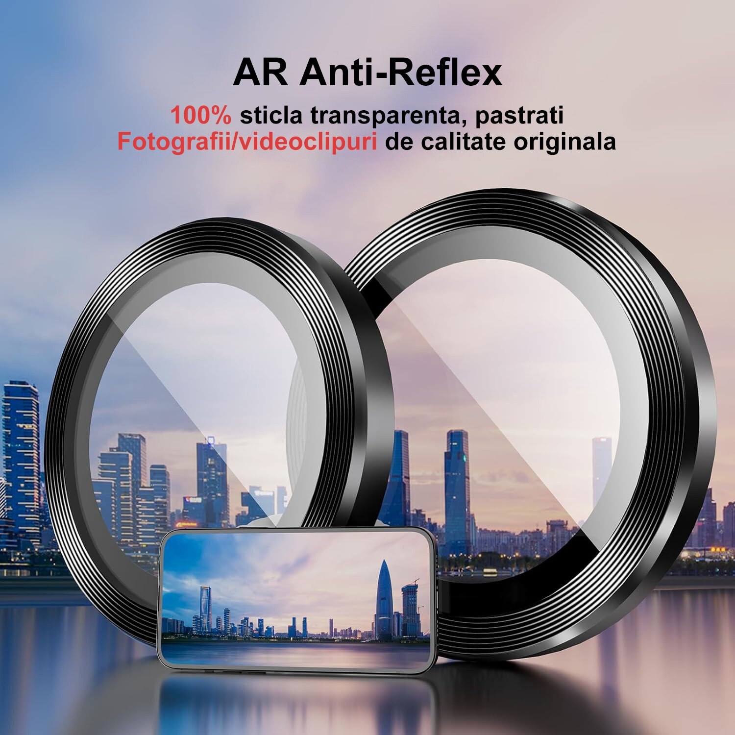 Folie protectie lentila camera MDUG®, iPhone 16/16 Plus, sticla temperata 9H, transparenta, tratament oleofobic, Negru