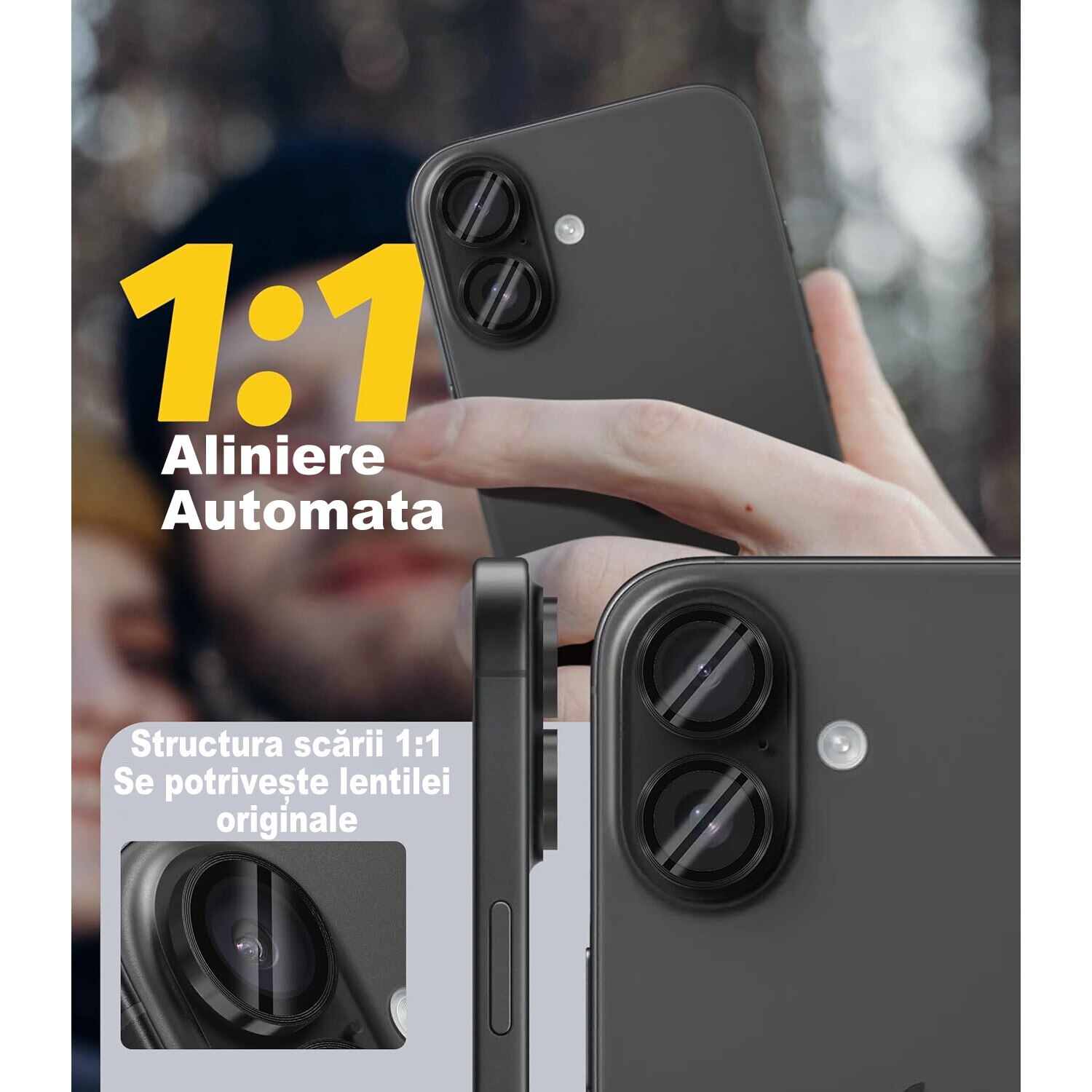 Folie protectie lentila camera MDUG®, iPhone 16/16 Plus, sticla temperata 9H, transparenta, tratament oleofobic, Negru