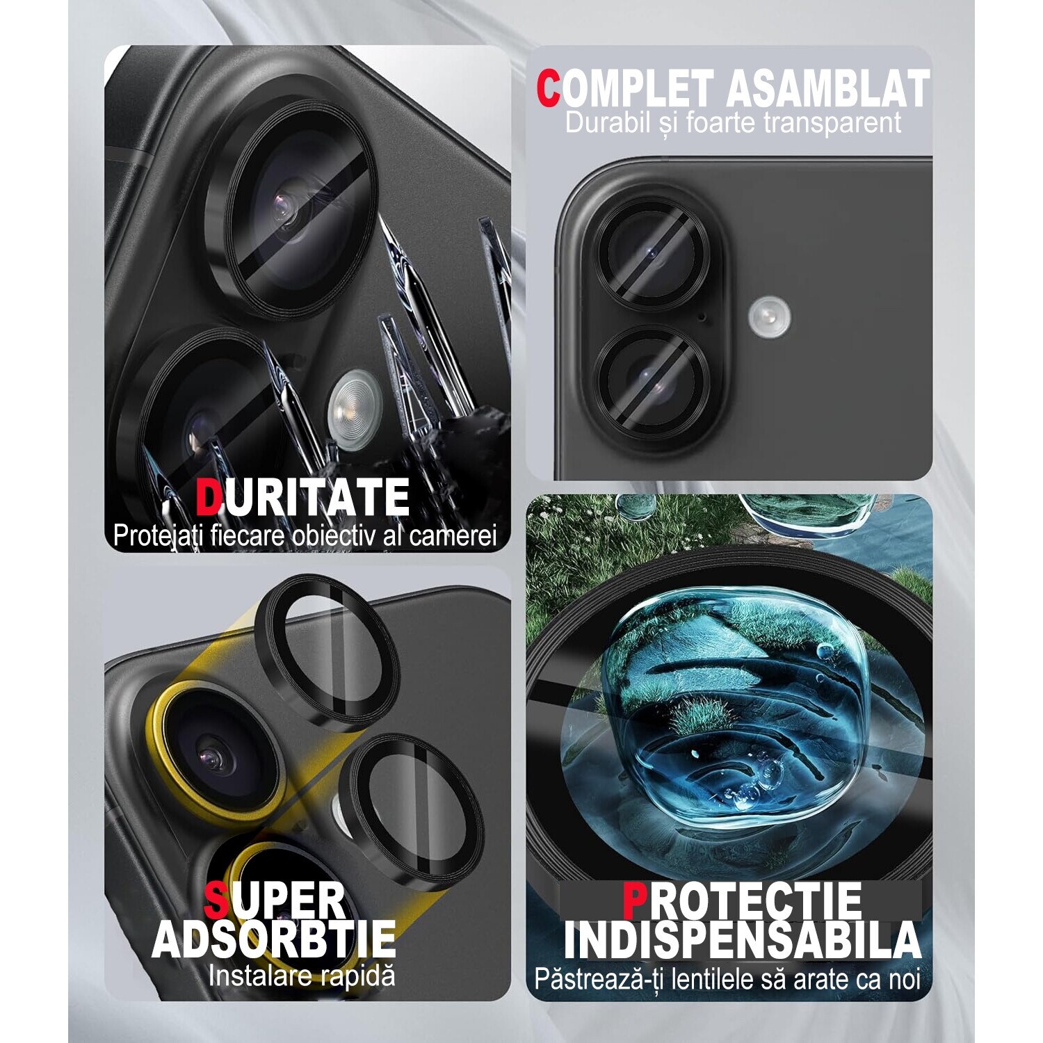 Folie protectie lentila camera MDUG®, iPhone 16/16 Plus, sticla temperata 9H, transparenta, tratament oleofobic, Negru