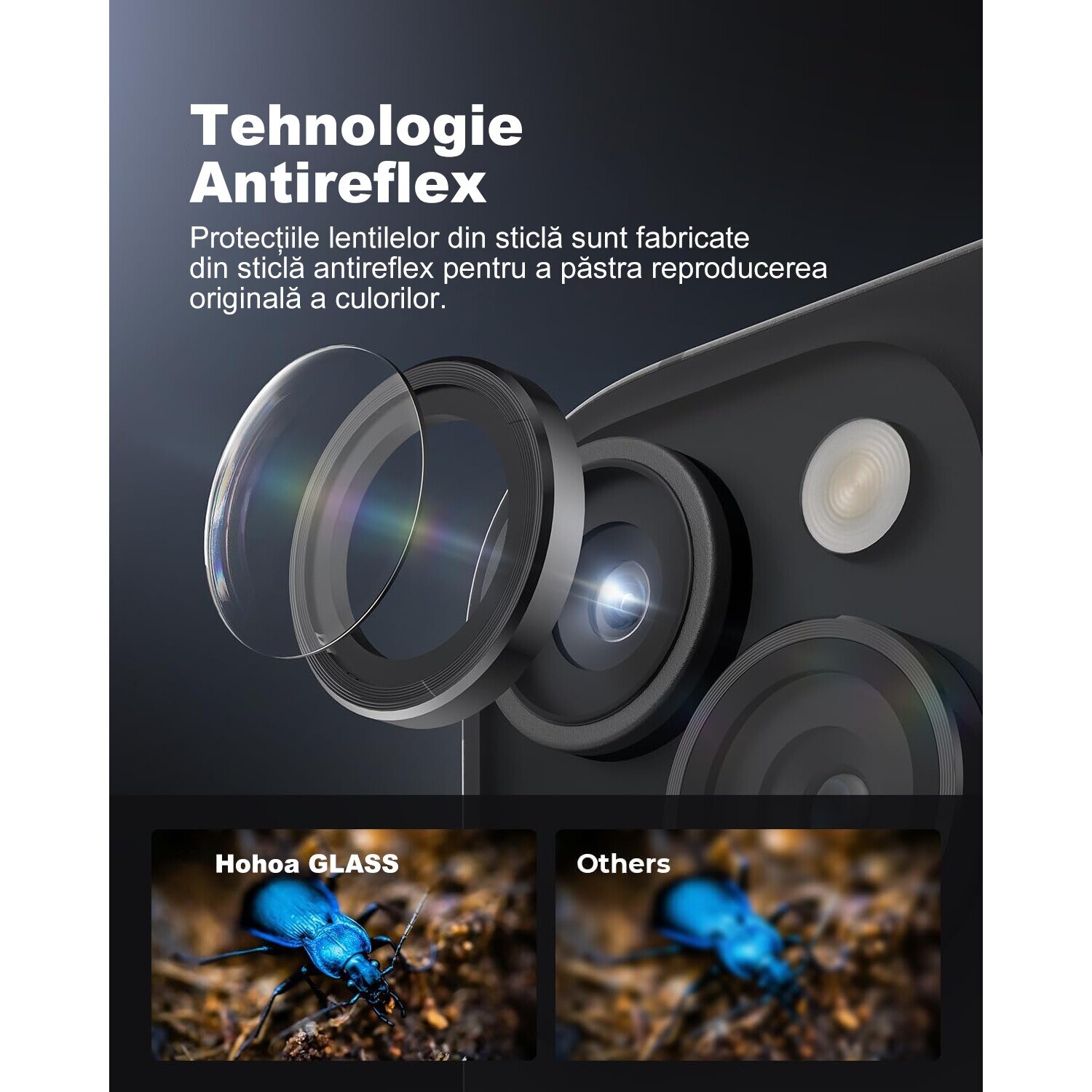 Folie protectie lentila camera MDUG®, iPhone 16/16 Plus, sticla temperata 9H, transparenta, tratament oleofobic, Negru