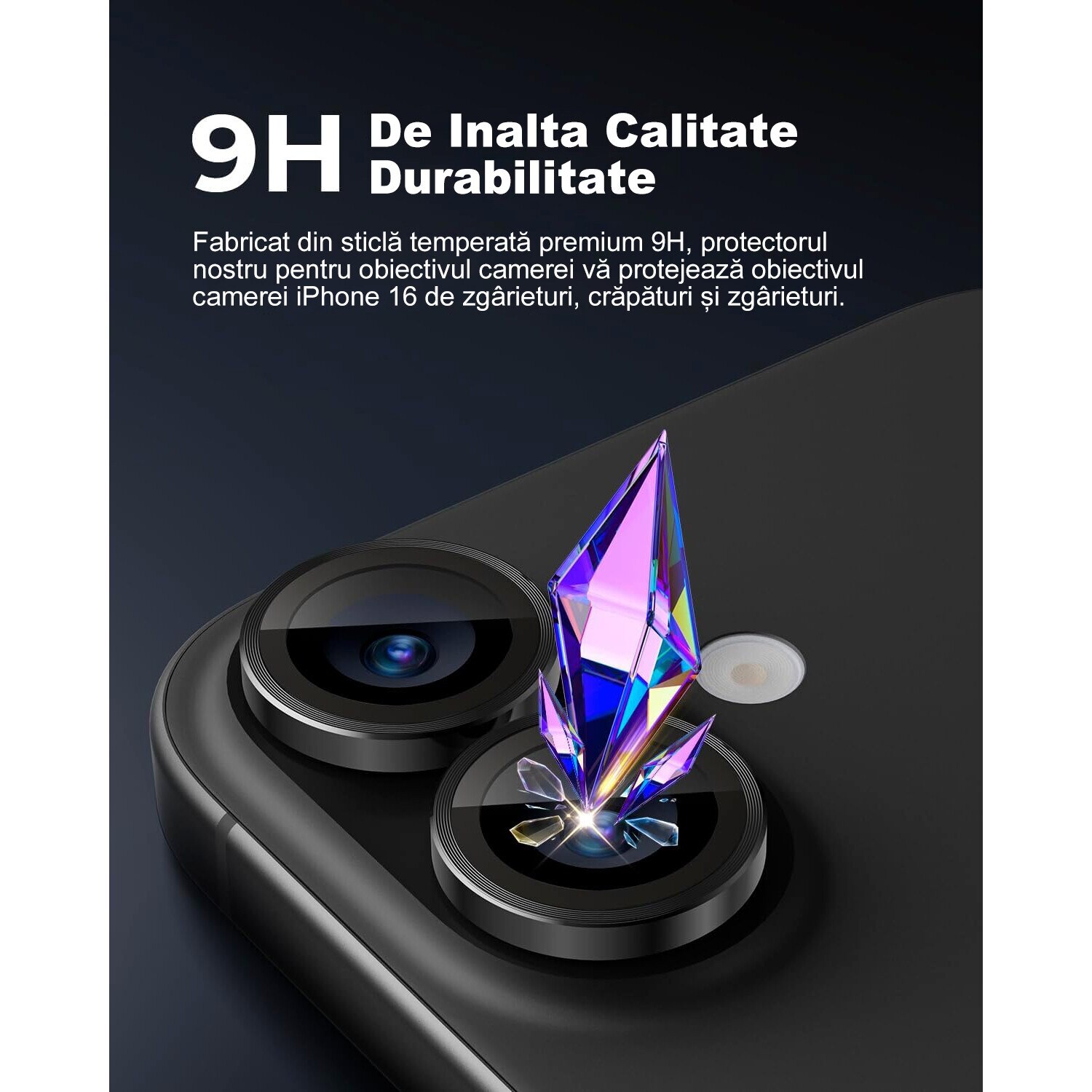 Folie protectie lentila camera MDUG®, iPhone 16/16 Plus, sticla temperata 9H, transparenta, tratament oleofobic, Negru
