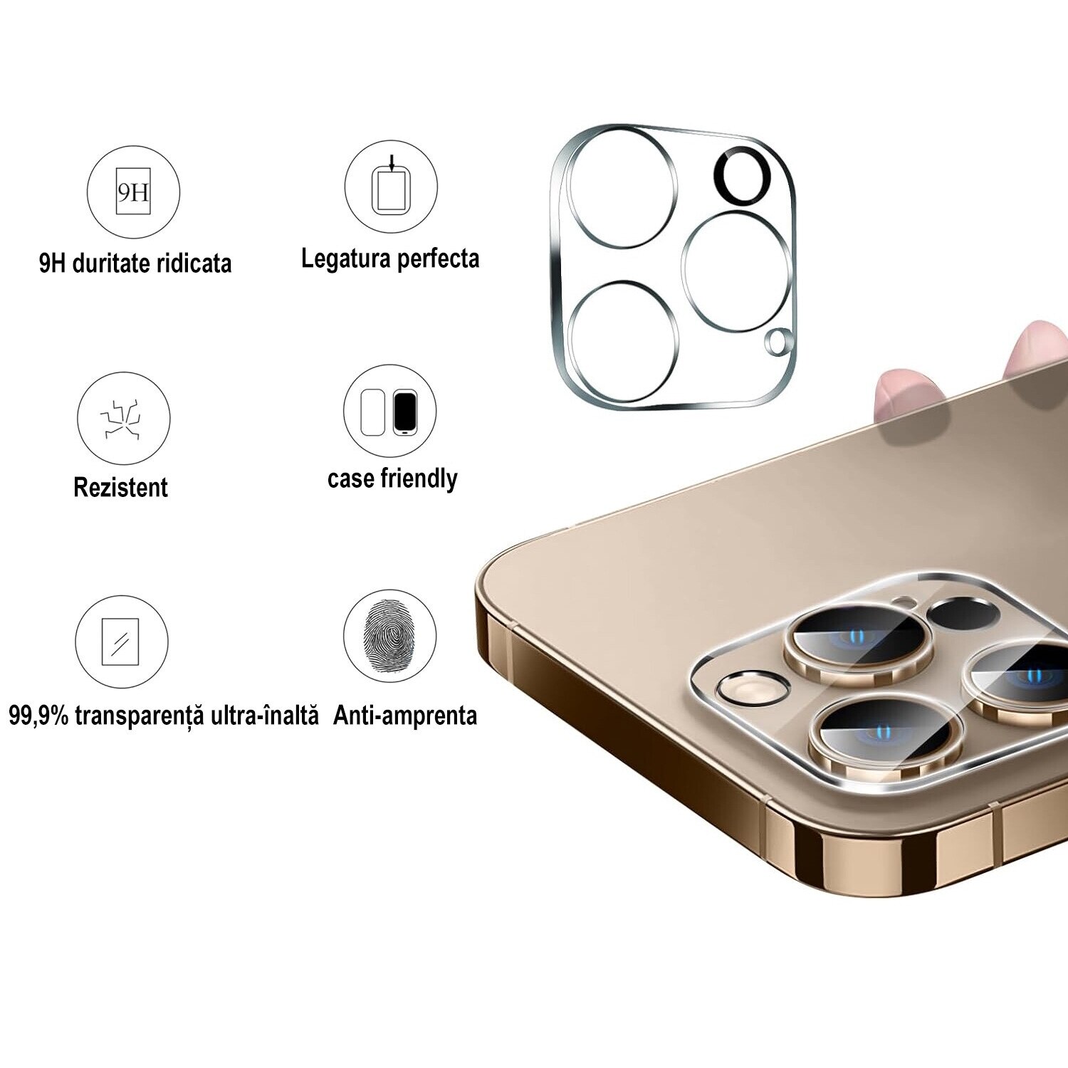 Folie protectie camera spate MDUG®, compatibila iPhone 16 Pro/16 Pro Max, sticla temperata 9H, rezistenta la zgarieturi, Alb/Negru