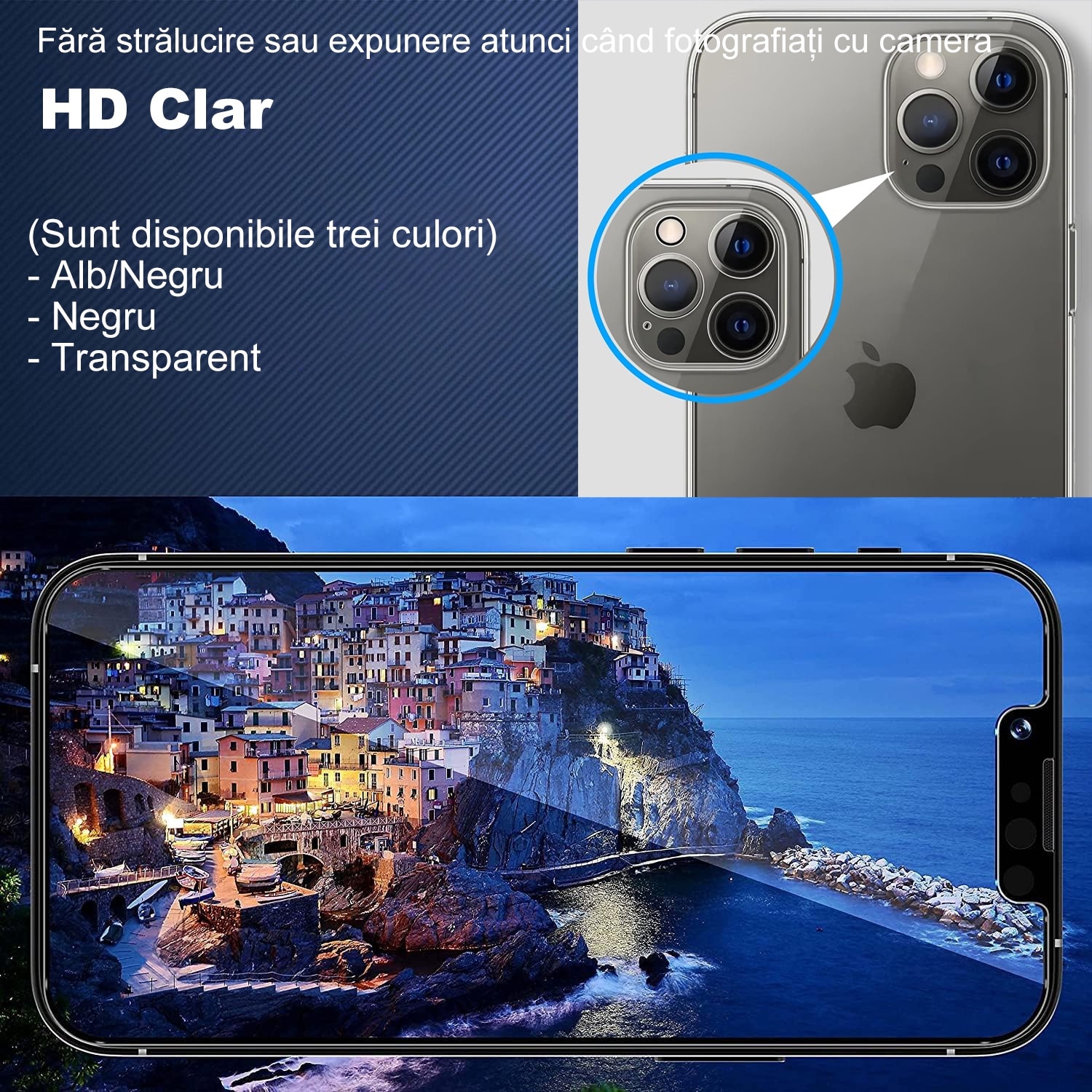 Folie protectie camera spate MDUG, compatibila iPhone 16 Pro/16 Pro Max, sticla temperata 9H, rezistenta la zgarieturi, Negru