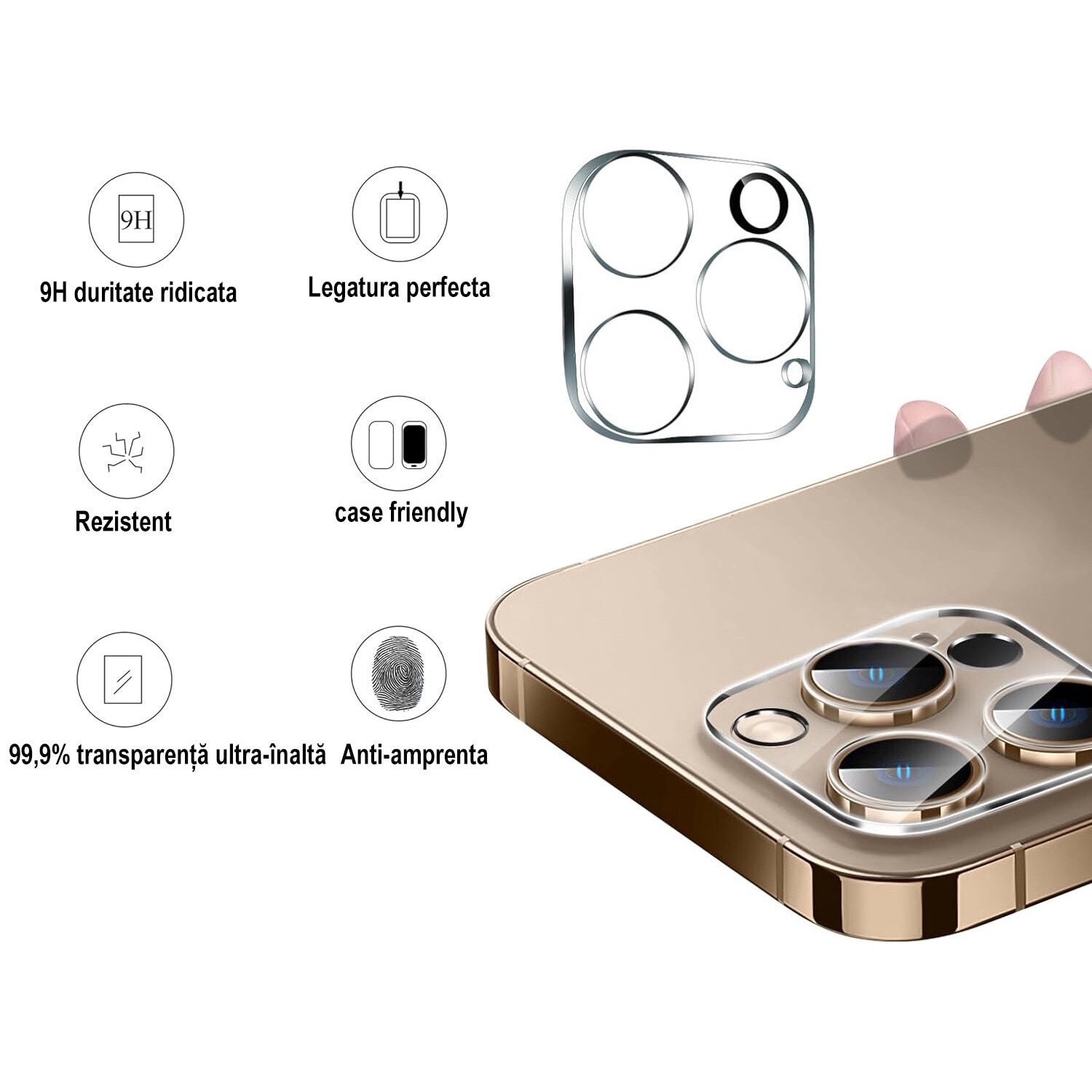 Folie protectie camera spate MDUG, compatibila iPhone 16 Pro/16 Pro Max, sticla temperata 9H, rezistenta la zgarieturi, Negru