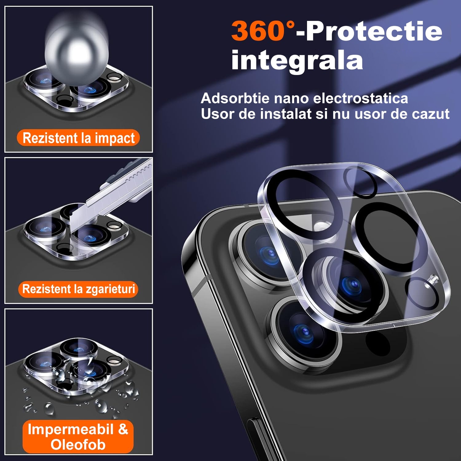 Folie protectie camera spate MDUG, compatibila iPhone 16 Pro/16 Pro Max, sticla temperata 9H, rezistenta la zgarieturi, Negru