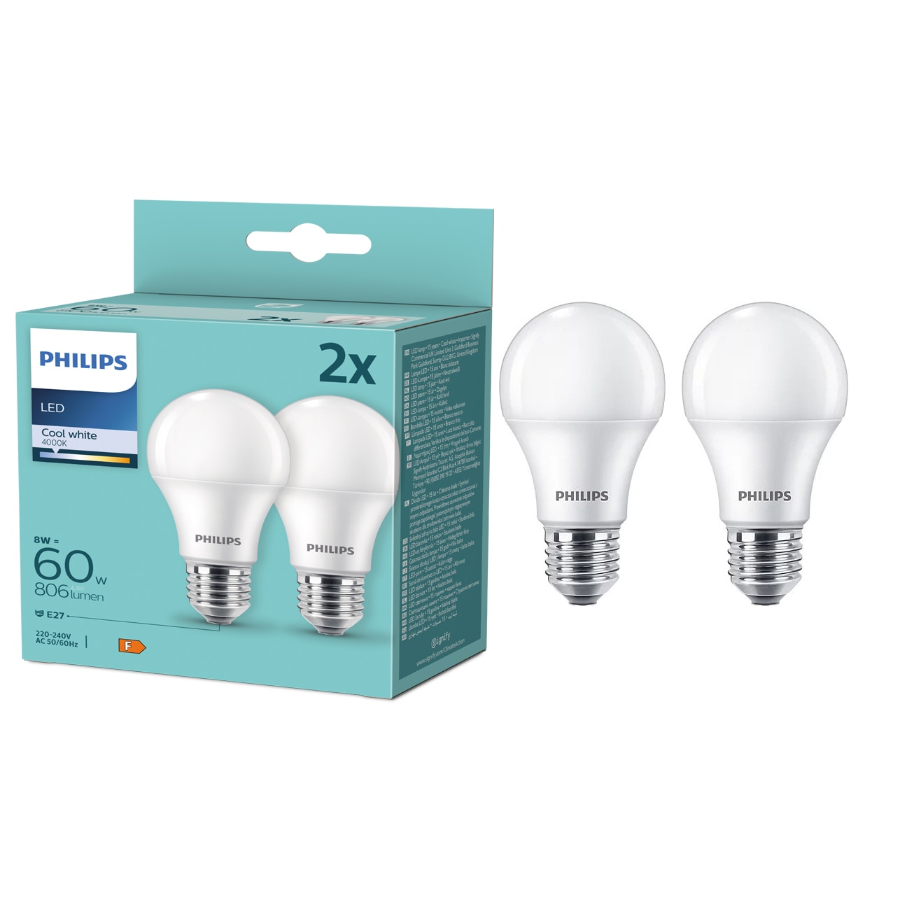 Pachet 2 becuri LED Philips A60, E27, 8W (60W), 806 lm, lumina neutra (4000K), Clasa energetica F