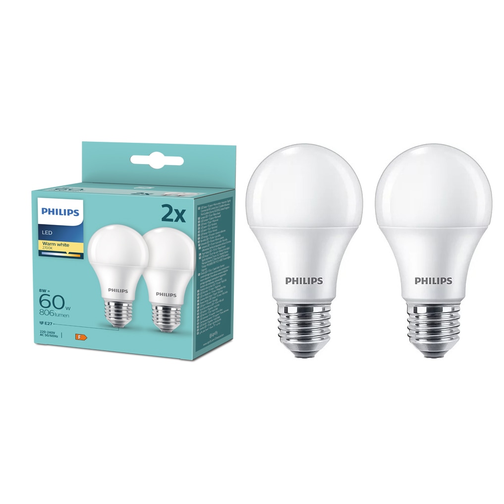 Pachet 2 becuri LED Philips A60, E27, 8W (60W), 806 lm, lumina alba calda (2700K), Clasa energetica F