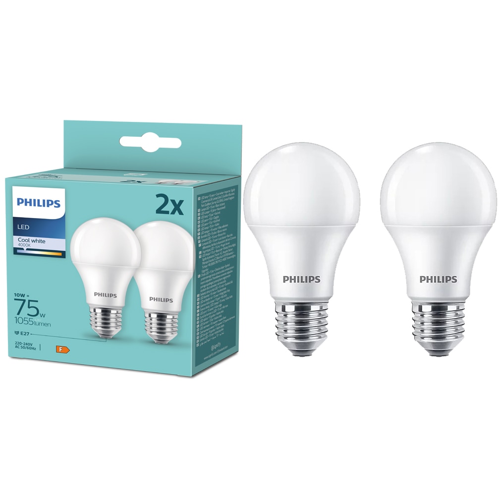 Pachet 2 becuri LED Philips, A60, E27, 10W (75W), 1055 lm, lumina neutra (4000K), Clasa energetica F