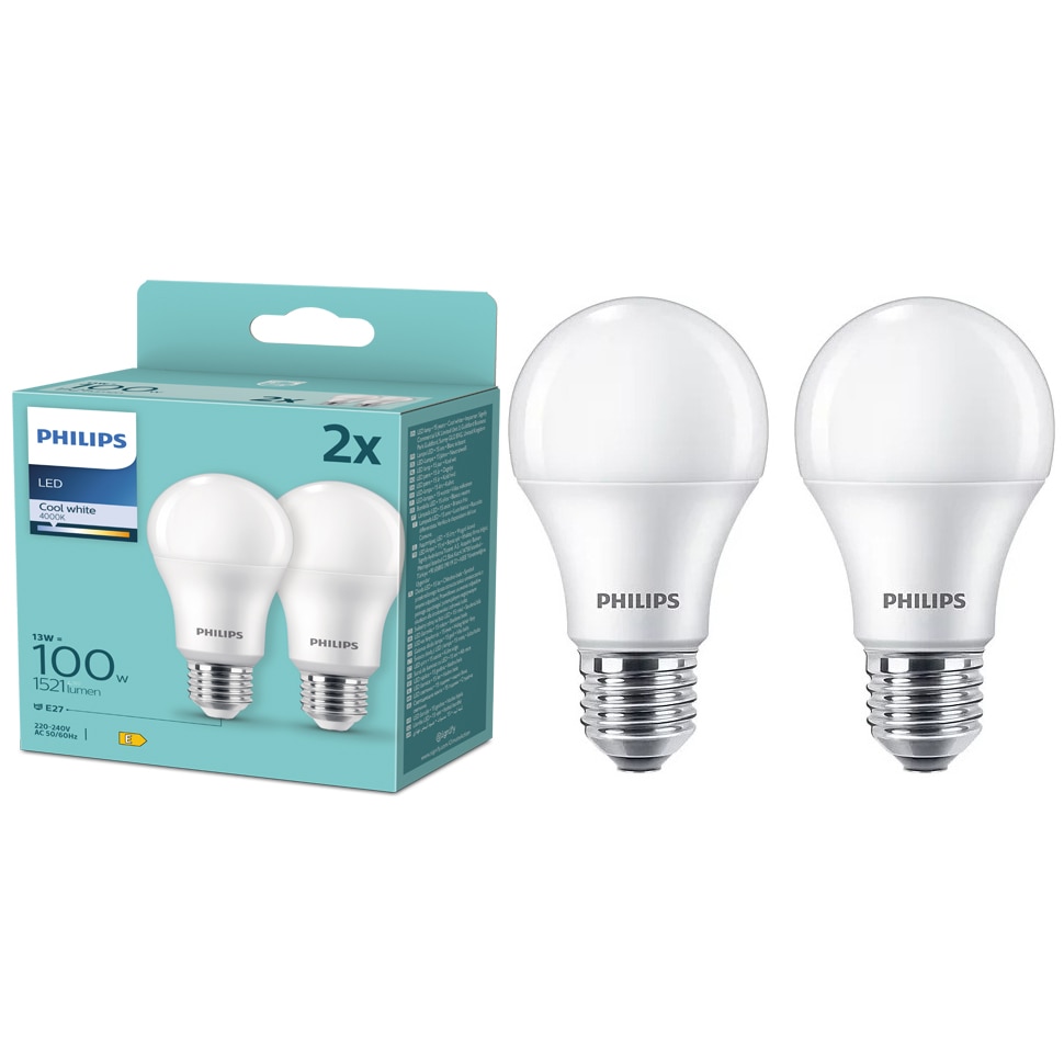 Pachet 2 becuri LED Philips A67, E27, 13W (100W), 1521 lm, lumina neutra (4000K), Clasa energetica E