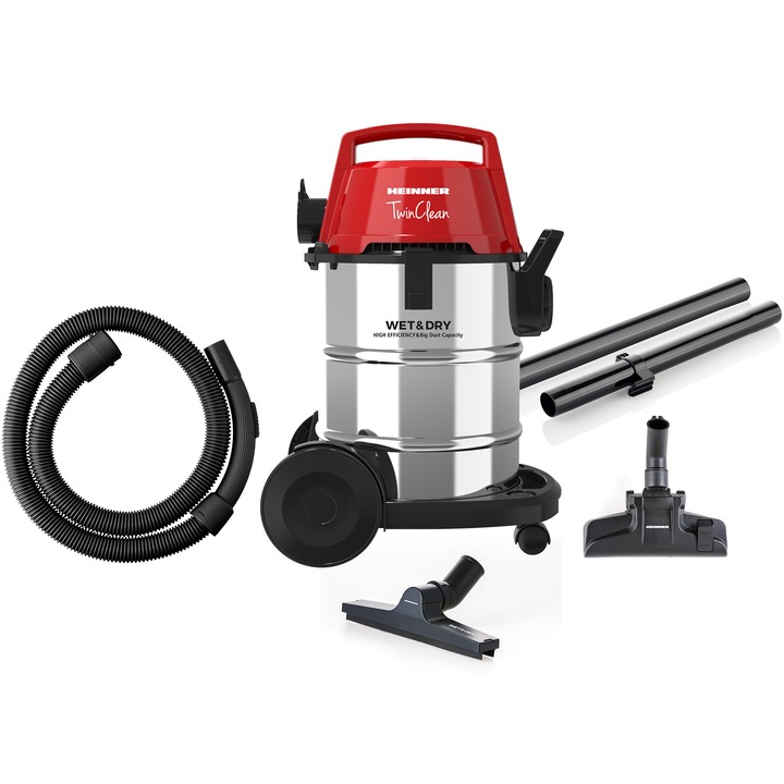 Aspirator multifunctional umed & uscat Heinner TwinClean HVC-MWD1400RD, 1400 W, 21 l capacitate, 6 l sac textil, functie suflare, filtru Hepa, perie aspirare uscata, perie aspirare umeda, perie spatii inguste