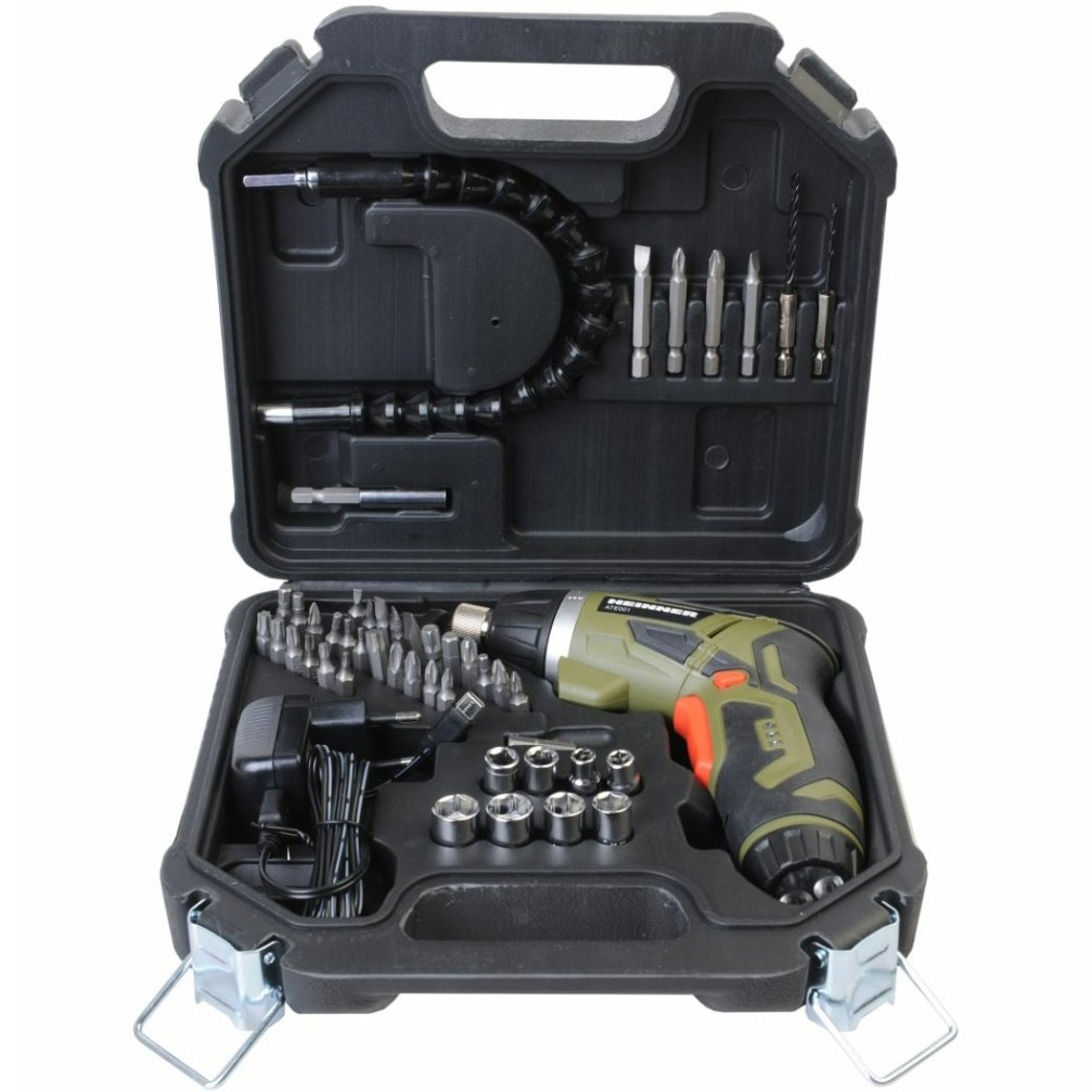 Surubelnita pe acumulator Heinner ATE001, 3.6 V, 4 Nm, 6+1 trepte torsiune, 28 biti 25 mm, 4 biti 50 mm, 2 burghie, 8 capete tubulare, suport magnetic bit, prelungitor flexibil, ad
