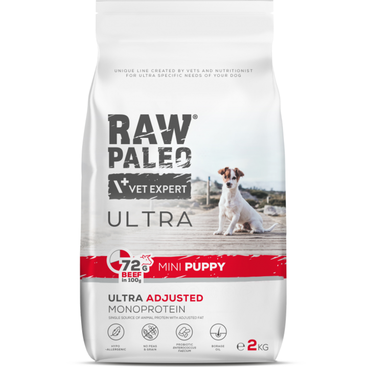 Суха храна за кучета Raw Paleo Ultra, Puppy, Mini, Говеждо, 2 кг